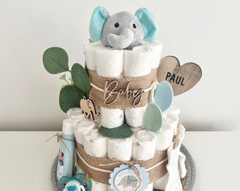 Neutral diaper cake with a soft elephant cuddly blanket for a boy or girl, optionally personalized, ideal gift for a birth