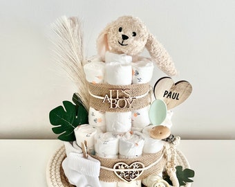 Diaper cake small, boho, neutral for boys and girls with grab ring bunny floppy ear and pacifier chain, ideal gift for a birth