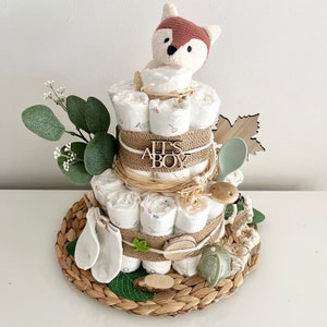 Boho neutral diaper cake with soft gripping ring fox for boy or girl, optional pacifier chain, birth gift from 49.99 euros image 1