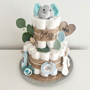 Windeltorte neutral mit weichem Schmusetuch Elefant für Junge oder Mädchen, optional personalisiert, ideales Geschenk zur Geburt