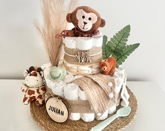 Windeltorte boho neutral,Windeltorte Junge,Windeltorte Mädchen, weiches Schmusetuch Affe und viel Zubehör, ideales Geschenk zur Geburt