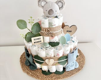 Windeltorte Koala, Unisex Babygeschenk mit Schmusetuch, Windeltorte neutral, Windeltorte Junge, Windeltorte Mädchen, Geschenk zur Geburt
