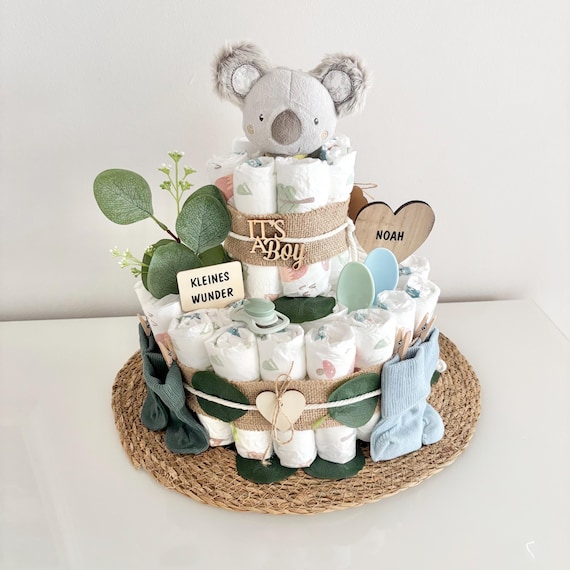 Windeltorte Koala, Unisex Babygeschenk mit Schmusetuch, Windeltorte neutral, Windeltorte Junge, Windeltorte Mädchen, Geschenk zur Geburt