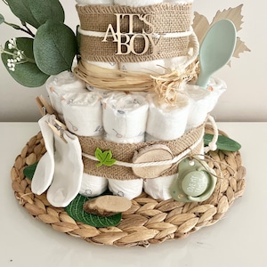 Boho neutral diaper cake with soft gripping ring fox for boy or girl, optional pacifier chain, birth gift from 49.99 euros image 4