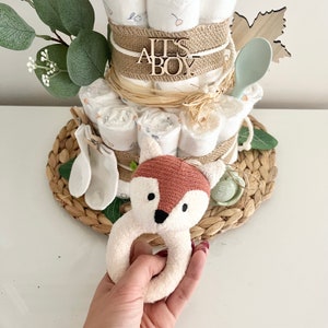 Windeltorte Boho neutral mit weichem Greifring Fuchs für Junge oder Mädchen, optional Schnullerkette, Geschenk zur Geburt ab 49,99 Euro Bild 6