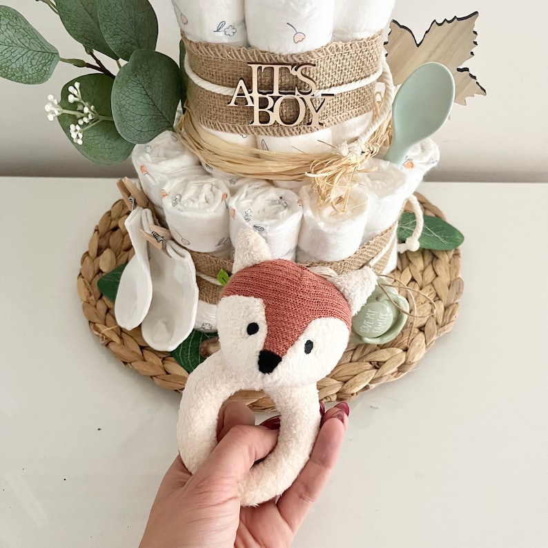 Boho neutral diaper cake with soft gripping ring fox for boy or girl, optional pacifier chain, birth gift from 49.99 euros image 6