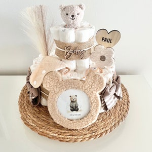 Neutral diaper cake, diaper cake for boys or girls, neutral diaper cake with soft gripping ring teddy, ideal gift for a birth