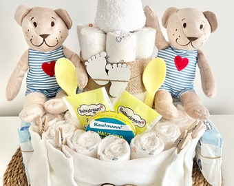 Windeltorte Zwillinge,Windeltorte neutral, Windeltorte Zwillingspärchen mit zwei Teddybären, Geschenk zur Geburt ab 59,99 Euro