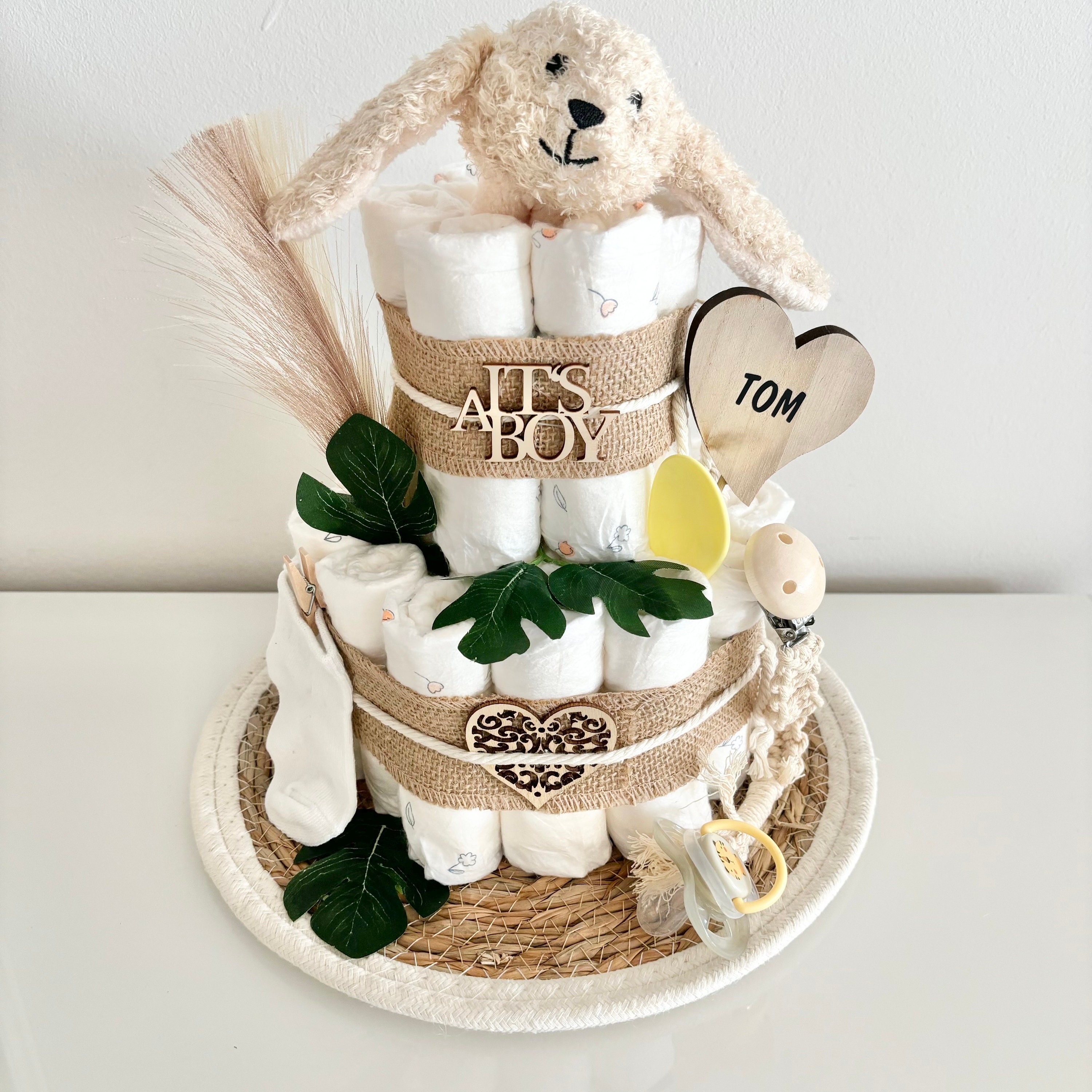 myBambini ® Luiertaart Vintage Taart [JUTE & HOUT] - Jongens & Meisjes - Neutraal Unisex - Geboortecadeau - Babyfeestje - Trekfeestje - Caketopper (Boho - Vintage Small - LITTLE WONDER