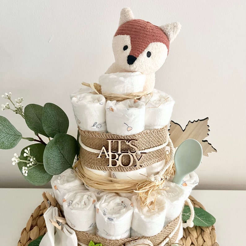 Boho neutral diaper cake with soft gripping ring fox for boy or girl, optional pacifier chain, birth gift from 49.99 euros image 3