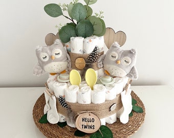 Diaper cake for twins, diaper cake neutral, diaper cake owl, soft rattle owl, pacifier, diaper cake for twin couples