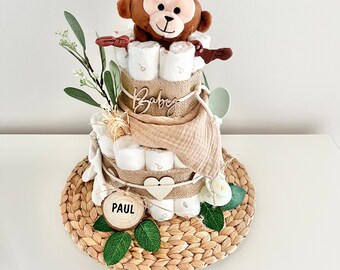 Diaper cake small boho neutral with soft cuddly blanket monkey, muslin scarf, diaper cake for boys or girls, gift for a birth