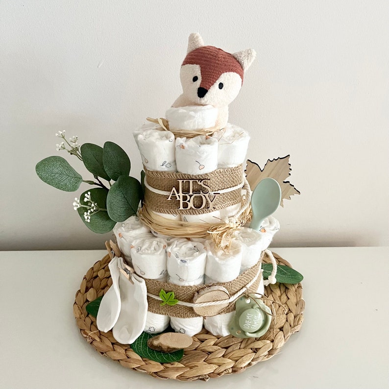 Boho neutral diaper cake with soft gripping ring fox for boy or girl, optional pacifier chain, birth gift from 49.99 euros image 2