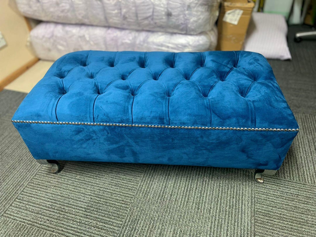 Chesterfield Footstool Coffee Table - Plush Velvet Upholstery, Herringbone Pattern, Fully Assembled