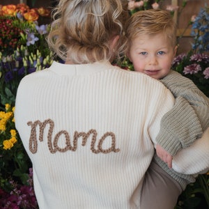 Mama personalised knitwear ladies hand embroidered chunky knit ribbed cardigan vanilla cream,