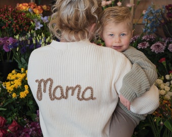 Mama personalised knitwear ladies hand embroidered chunky knit ribbed cardigan vanilla cream,