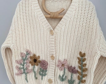 Clotted Cream Cardigan 0-4 years unisex. Personalised knitwear, name or design. Chunky knit oversized style, hand embroidered.