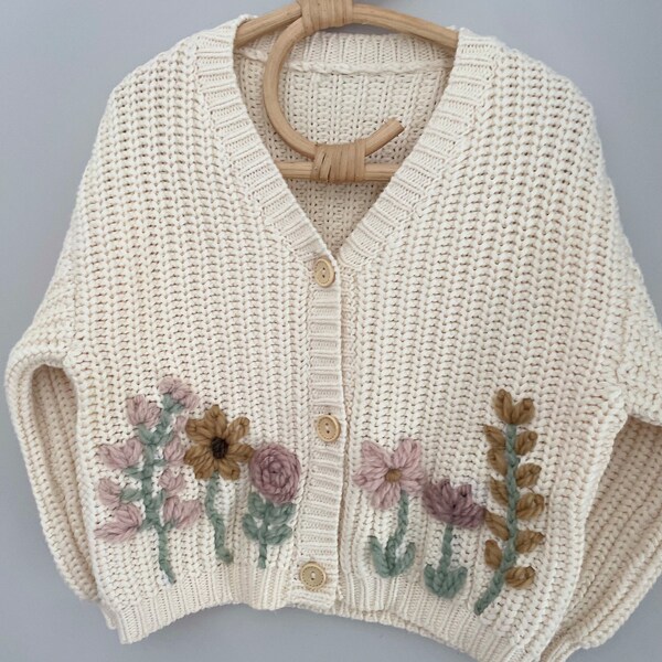Clotted Cream Cardigan 0-4 years unisex. Personalised knitwear, name or design. Chunky knit oversized style, hand embroidered.