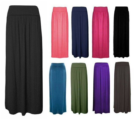 Womens Comfy Fold Over Elastic Waist Maxi Skirt Ladies Stylish Etsy