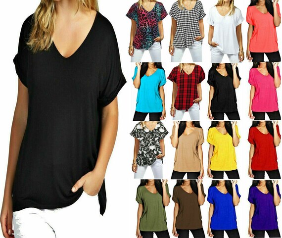 Womens Baggy Oversized Turn up Batwing Sleeve Top Loose Fit V - Etsy UK