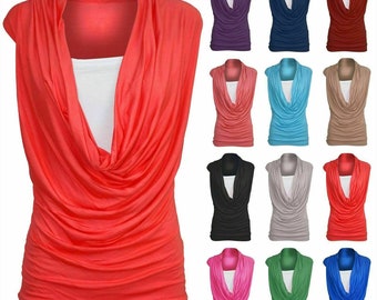 Womens Ruched Cowl Neck Insert Tops Ladies Stretch 2 In 1 Vest Top Sleeveless Gathered T Shirt