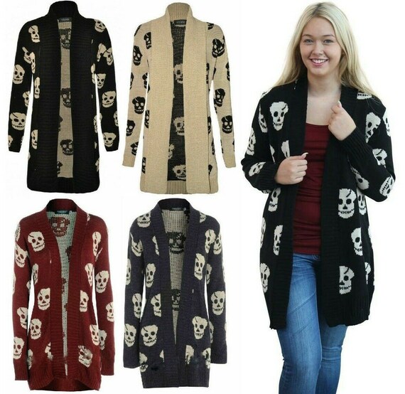 Womens Skull Print Open Front Knitted 