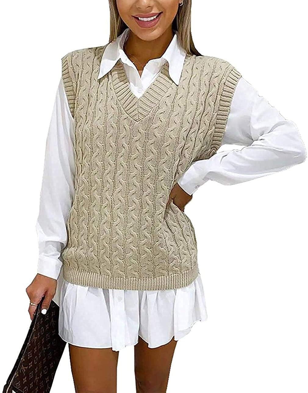 Womens Cable Knit Sleeveless Vest Ladies Knitted Jumper V Neck Sweater  Winter Warm Tank Top 