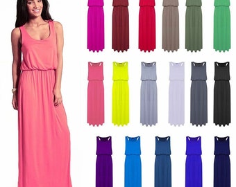 Womens Racer Back Puffball Long Dress Ladies Scoop Neck Toga Balloon Jersey Maxi Dress 8-26