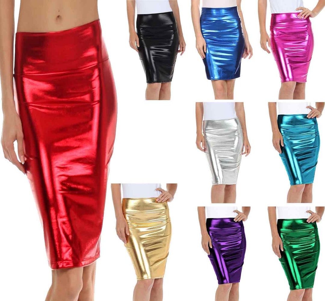 Womens Wet Look Metallic Shinny High Waist Skirt Ladies PVC - Etsy UK