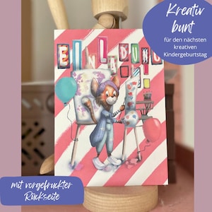 Kreative Einladungskarte Kindergeburtstag Katze Künstler,  DIY Geburtstagskarte Mini-Künstler, Einladung für kreative Kinder, umweltfreundl.