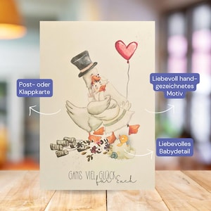 Liebevoll handgezeichnete Glückwunschkarte mit wunderschönem Hochzeitsmotiv u. niedlichem Baby-Detail – Gänsepaar, Küken im Ei mit Schnuller