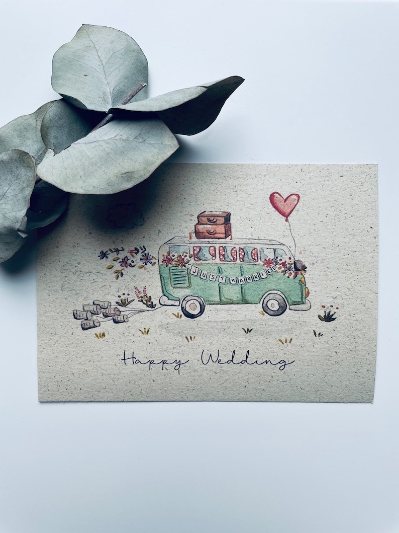 Glückwunschkarte Hochzeit / Hochzeitskarte / VW Bus / Vintage / Aquarellmotiv / Vintage / Floral auch personalisiert möglich Bild 8