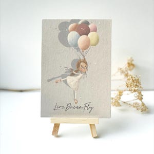 Handgezeichnete Grußkarte "Live Dream Fly" – Ballerina mit Luftballons, inspirierende Karte für Träumer, Geburtstagskarte, Motivationskarte