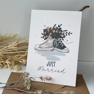 Glückwunschkarte Hochzeit / Hochzeitskarte / Just Married / Sneaker / Vintage / Aquarellmotiv / Floral