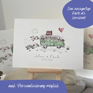 Postkarte - Glückwunschkarte Hochzeit / VW Bus Aquarell / Vintage Floral – Auf Wunsch personalisierbar