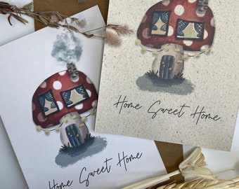 Liebevoll handgezeichnete Grußkarte zum Umzug / Home-Sweet-Home / Glückspilz als Haus / handgemacht / Graspapier oder Coffee Cup Paper