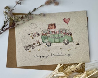 Glückwunschkarte Hochzeit / Hochzeitskarte / VW Bus / Vintage / Aquarellmotiv / Vintage / Floral - auch personalisiert möglich