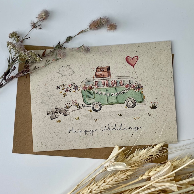 Glückwunschkarte Hochzeit / Hochzeitskarte / VW Bus / Vintage / Aquarellmotiv / Vintage / Floral auch personalisiert möglich Bild 1