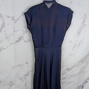 Navy Blue 1930s Burn Out Sheer Day Dress FLAWED Vintage Short Sleeve Small
