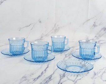 Fortecrisa Mexico Blue Glass Mugs and Saucers Scalloped Vintage Set of 5