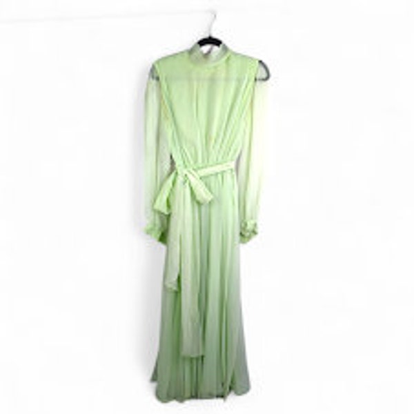 Vintage 70s Mint Green Long Sleeve Sheer Evening Dress Maxi High Neck Size Medium