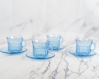 Fortecrisa Mexico Blue Glass Mugs and Saucers Scalloped Vintage Set of 4