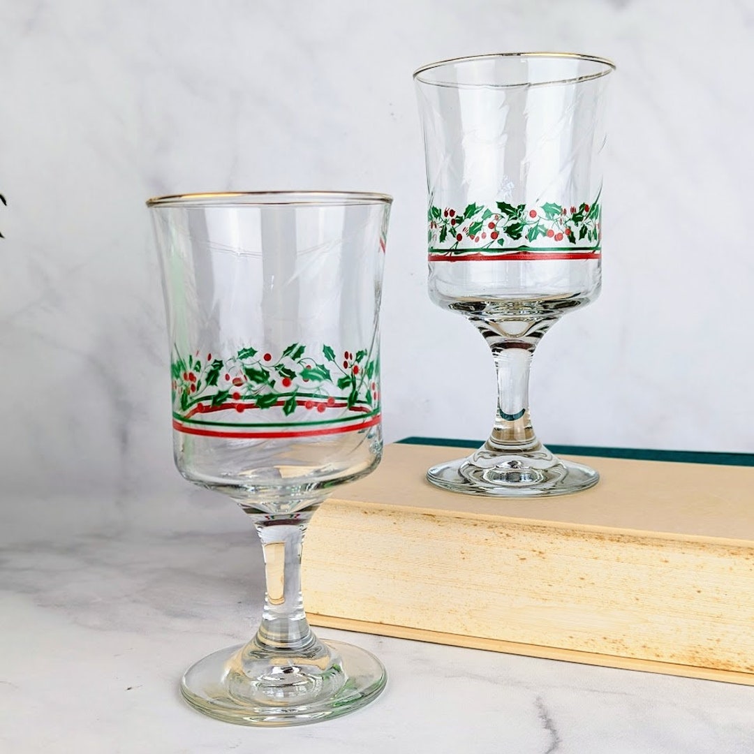 Vintage 1983 Arby's Libbey Christmas Holiday Stemmed Glasses Holly Gold Rim Set of 2 Etsy