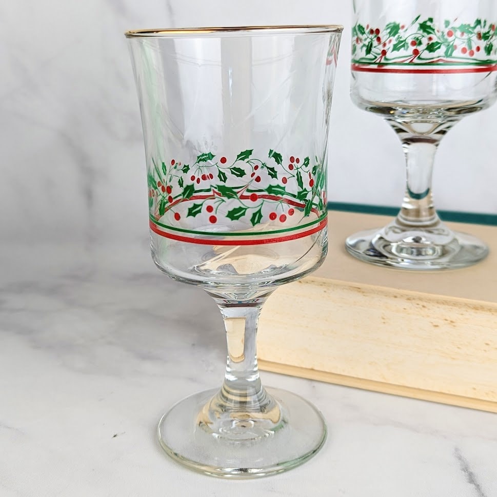 Vintage 1983 Arby's Libbey Christmas Holiday Stemmed Glasses Holly Gold Rim Set of 2 Etsy