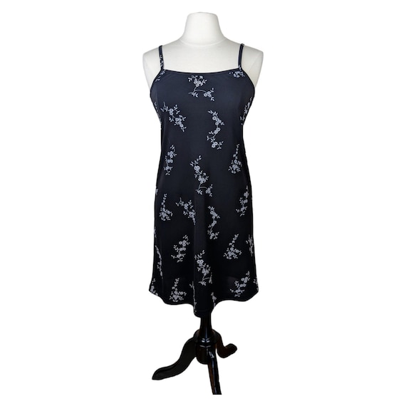 Vintage 1990s Black White Floral Slip Dress Spagh… - image 1