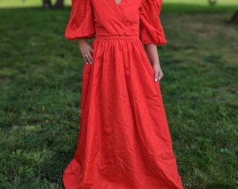 Vintage Bright Red Puff Sleeve 1960s Bridesmaid Dress Handmade Size Medium