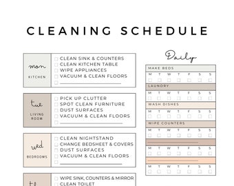 May include: A printable cleaning schedule checklist with daily, weekly, and monthly tasks. The checklist is divided into sections for different areas of the home, such as the kitchen, living room, bedrooms, bathrooms, halls and entryway, laundry and groceries. Each section has a list of cleaning tasks to be completed on a specific day of the week.