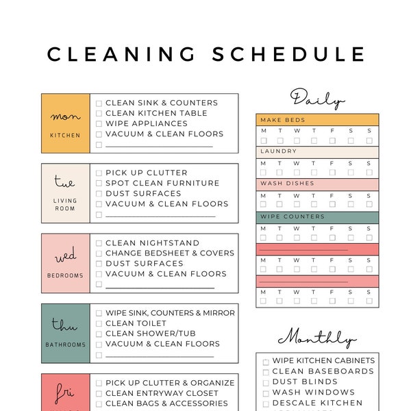 Cronograma de limpeza para impressão, download instantâneo, planejador de limpeza organizacional