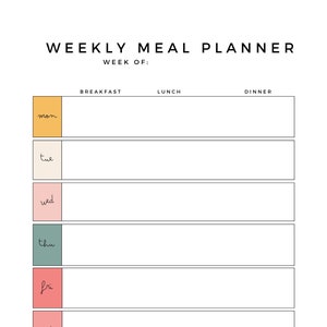 Planificateur de repas hebdomadaire imprimable, préparation de repas, planificateur de menus, format A4 et lettre, téléchargement numérique PDF