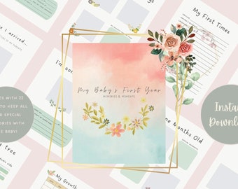Printable Floral theme Baby journal, baby album, baby book, template, Memory Book, The First Year, Keepsake book, nursery, digital download